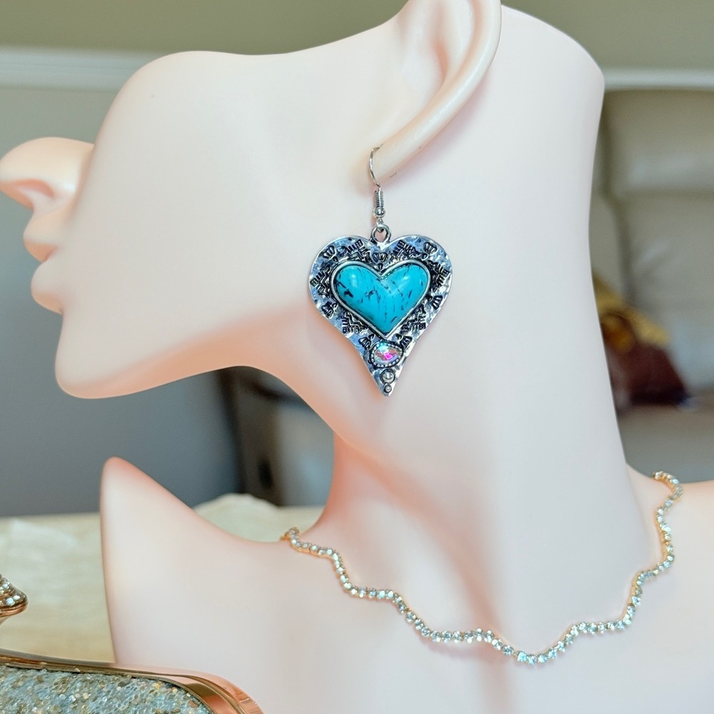 ⚜️ Western Style Earrings With Turquoise and Crystal - Picture 5 of 10